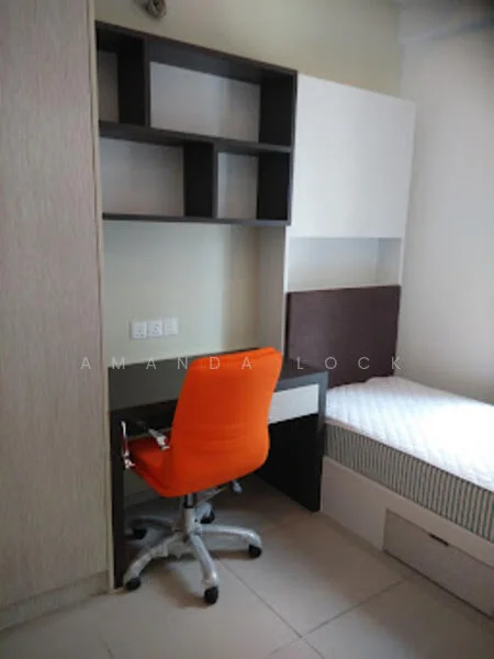Bedroom features: single bed with mattress, built-in wardrobe with sliding doors, study desk with drawer, orange office chair on wheels, light-colored wall panels, neutral tile flooring, wall-mounted shelf unit, electrical outlets on the wall; style: modern.