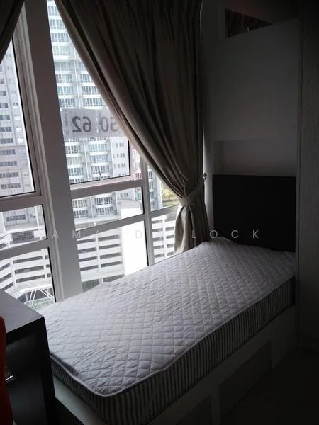 Bedroom features: single bed, floor-to-ceiling windows, curtains, wooden bedside table, grey upholstered headboard, built-in wardrobe, neutral wall colour, carpeted flooring; style: modern; view: city.