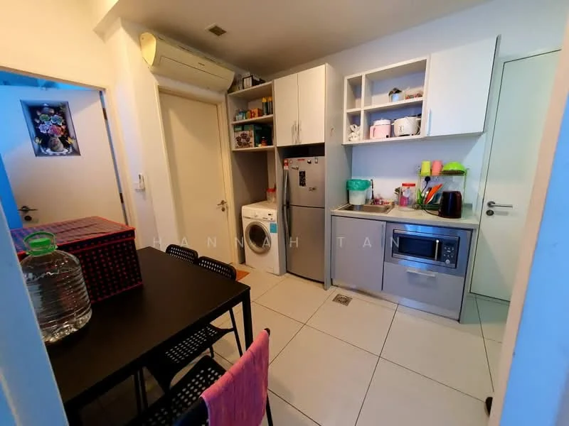 Kitchen features: white cabinetry, grey countertop, stainless-steel fridge, built-in microwave, washing machine, single-bowl stainless-steel sink, chrome pull-down faucet, ceramic tile flooring, recessed downlights, wall-mounted split AC, black dining table, pink dining chair, open shelving, decorative items on shelves; style: modern.