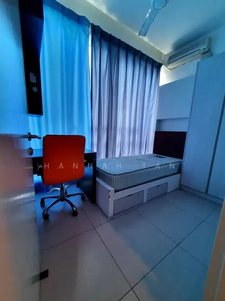 Bedroom features: single bed with storage drawers, study desk, ergonomic office chair in red, floor-to-ceiling windows, light grey curtains, white painted walls, tile flooring, air conditioning unit; style: modern.