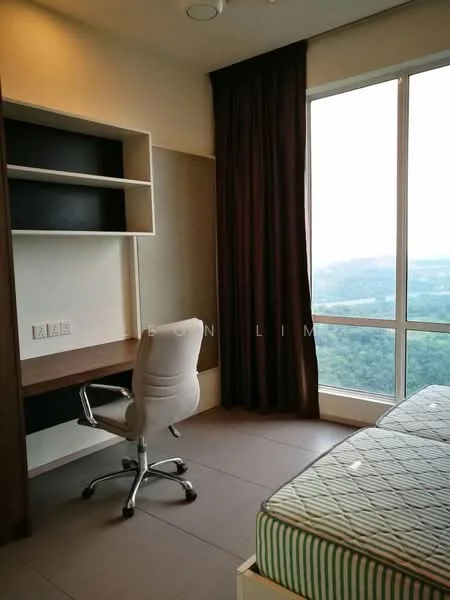 Bedroom features: floor-to-ceiling windows, curtains, single bed, desk with chair, built-in shelving, light-colored walls, tile flooring, view of greenery; style: modern; view: garden.