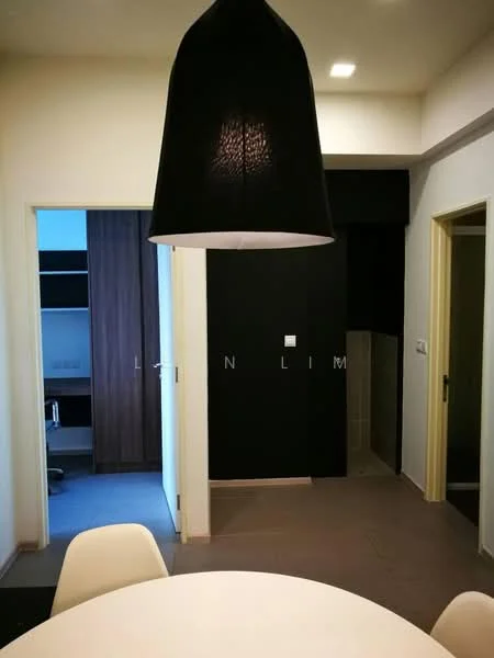 Dining features: round dining table, white dining chairs, black pendant lamp, light grey flooring, white painted walls, black accent wall, doorway to hallway, doorway to utility area; style: modern. Room features: wooden cabinetry, light grey flooring, white walls, doorway to bathroom.