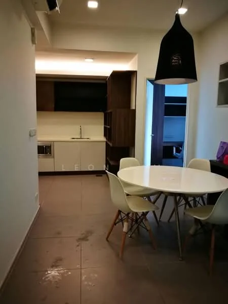 Kitchen features: white cabinetry, dark wood shelving, single-bowl stainless-steel sink, chrome pull-down faucet, white round dining table, 4 white dining chairs with wooden legs, grey tile flooring, recessed downlights, wall-mounted air conditioning unit; style: modern.