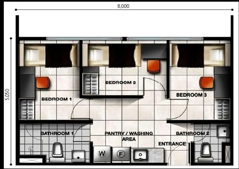 Floor plan: 3-bedroom 2-bathroom unit; features: open-plan layout, pantry area, washing area, entrance, all bedrooms with windows, bathroom 1 adjacent to bedroom 1, bathroom 2 adjacent to bedroom 3, central circulation space.
