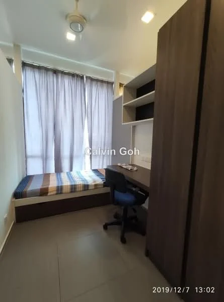 Bedroom features: single bed with striped bedding, built-in wardrobe with wood finish, study desk with chair, floor-to-ceiling windows with sheer curtains, ceiling fan, grey tiled flooring, wall-mounted shelves, neutral wall color; style: modern.