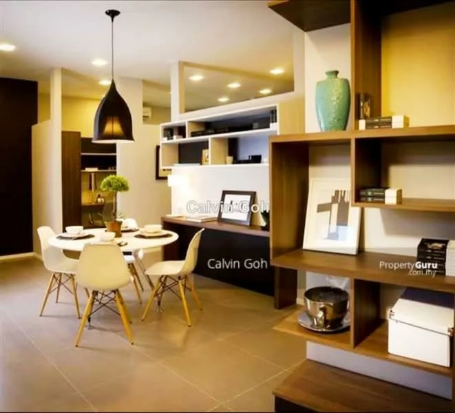 Dining features: 6-seater dining table, white dining chairs with wooden legs, pendant lamp, open shelving unit, decorative vase, wall-mounted shelves, dark cabinetry, light grey tiled flooring, recessed ceiling lights, neutral wall colour, decorative books, table setting with plates and cutlery; style: modern. Kitchen features: dark cabinetry, built-in appliances, countertop with backsplash, open layout, light grey tiled flooring; style: modern.