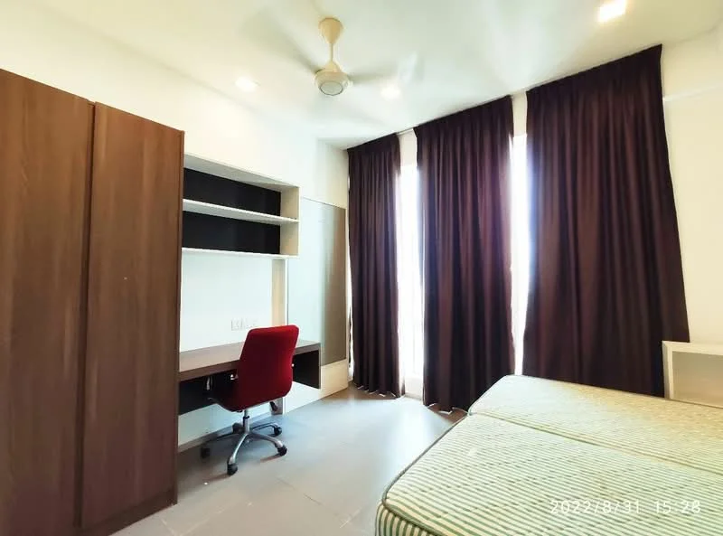 Bedroom features: queen-size bed, upholstered headboard, 2 bedside tables, built-in wardrobe, study desk with chair, ceiling fan, floor-to-ceiling windows, dark curtains, grey tiled flooring, wall-mounted shelving; style: modern.
