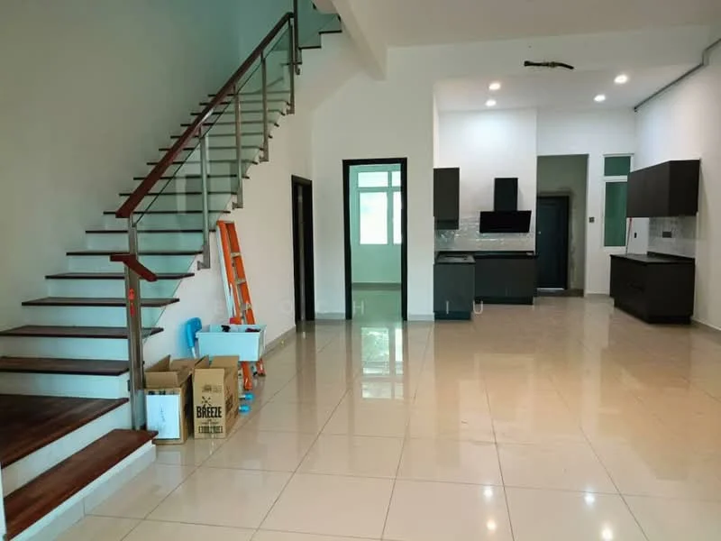 Living features: white painted walls, polished ceramic tile flooring, staircase with wooden steps and metal railing, recessed downlights, kitchen area with black cabinetry, stainless-steel range hood, built-in oven, countertop with backsplash, large windows for natural light, open layout, ladder, boxes, empty wall space; style: modern.