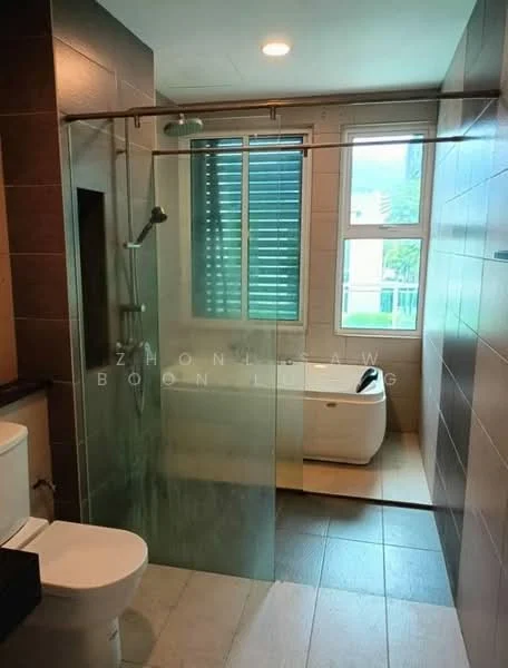Bathroom features: glass shower enclosure, rain shower head, toilet, freestanding bathtub, window with louvered shutters, tile flooring, wall-mounted faucet, vanity with storage; style: modern; view: garden.