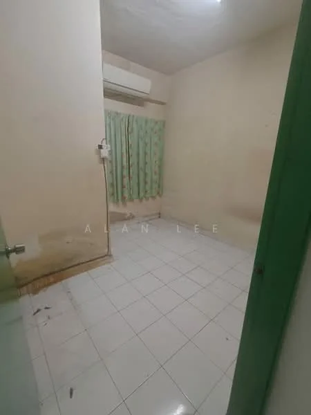 Room features: white painted walls, ceramic tile flooring, 1 wall-mounted split AC, curtains with floral pattern, light ceiling, no visible furniture.