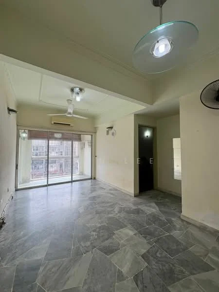 Living features: marble flooring, white painted walls, tray ceiling, 2 ceiling fans, 1 wall-mounted split AC, floor-to-ceiling windows, sliding glass door, sheer curtains, recessed downlights; style: modern; view: city.