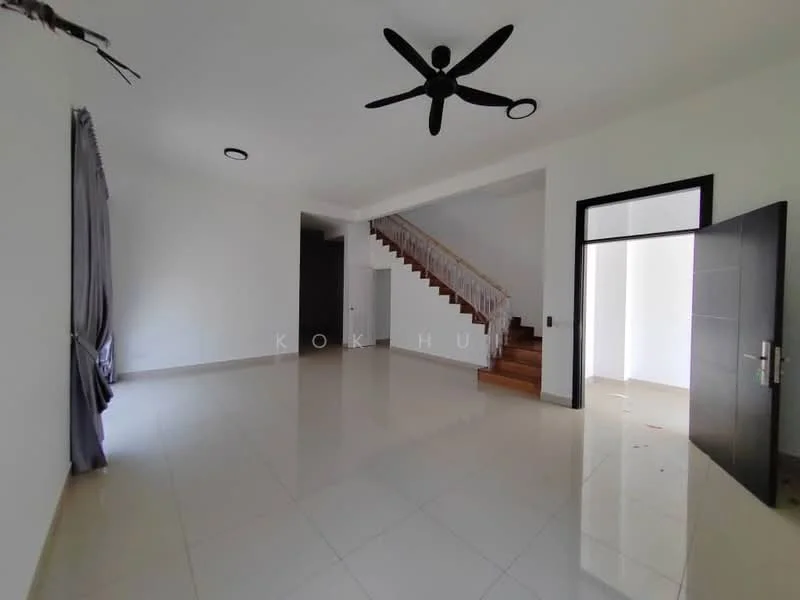 Living features: white painted walls, polished tile flooring, 5-blade ceiling fan, recessed downlights, staircase with wooden steps, large windows for natural light, curtains on windows, open layout; style: modern.