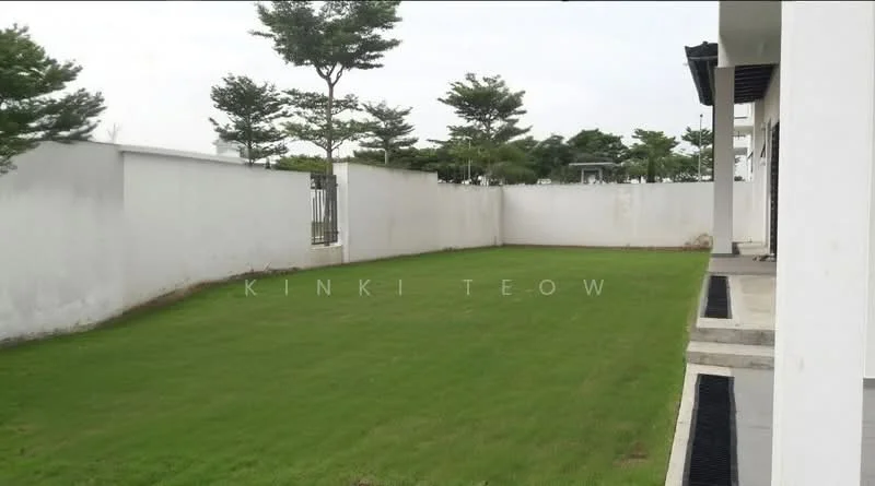 Exterior features: manicured lawn, white painted wall, landscaped area with trees, paved walkway, open space, fenced perimeter; style: modern.