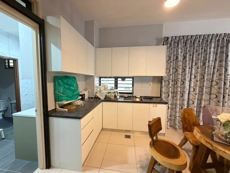 Kitchen features: white flat-panel cabinets, black granite countertop, stainless-steel sink, chrome pull-down faucet, built-in oven, freestanding range oven, tile backsplash, white tiled walls, ceramic tile flooring, window with horizontal blinds, dining table with wooden chairs, decorative curtains with geometric pattern; style: modern.