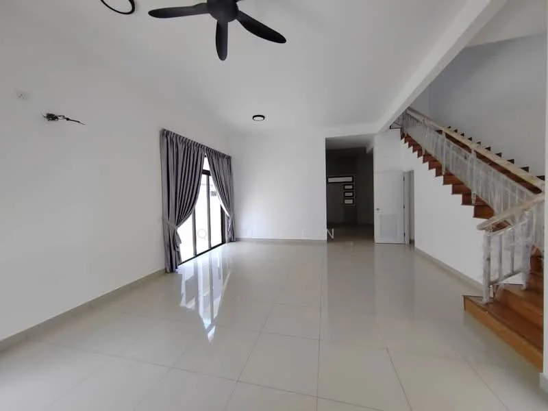 Living features: white painted walls, glossy ceramic tile flooring, 5-blade ceiling fan, large sliding glass door, grey curtains, staircase with wooden steps, recessed ceiling lights; style: modern.