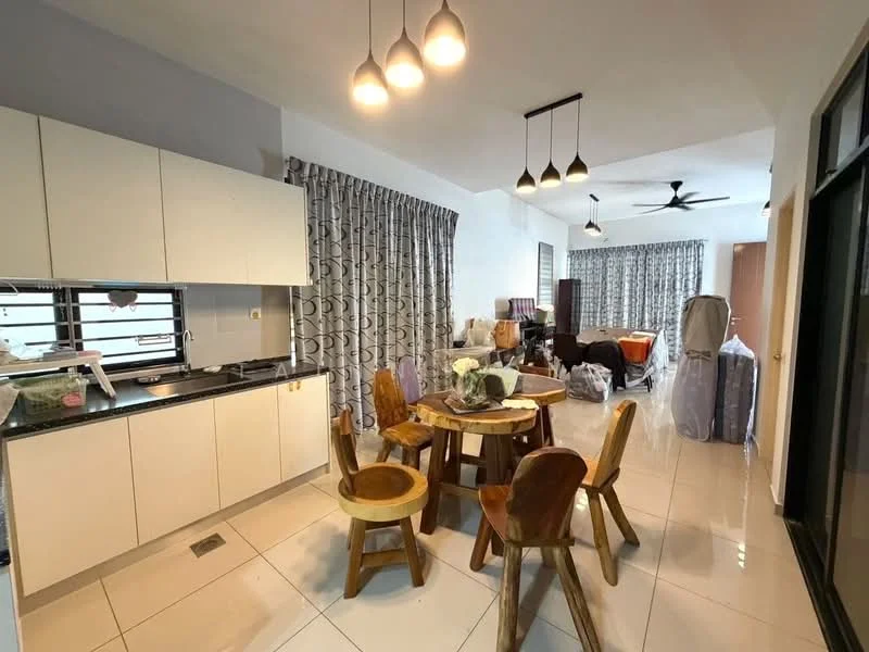 Dining features: round wooden dining table, 4 wooden dining chairs, black granite countertop, white cabinetry, pendant lighting, floor-to-ceiling windows, grey patterned curtains, white tiled flooring, ceiling fan with light; style: modern. Living features: sofa covered in protective plastic, coffee table covered in protective plastic, TV console covered in protective plastic, wooden side table, grey patterned curtains, white tiled flooring; style: modern.