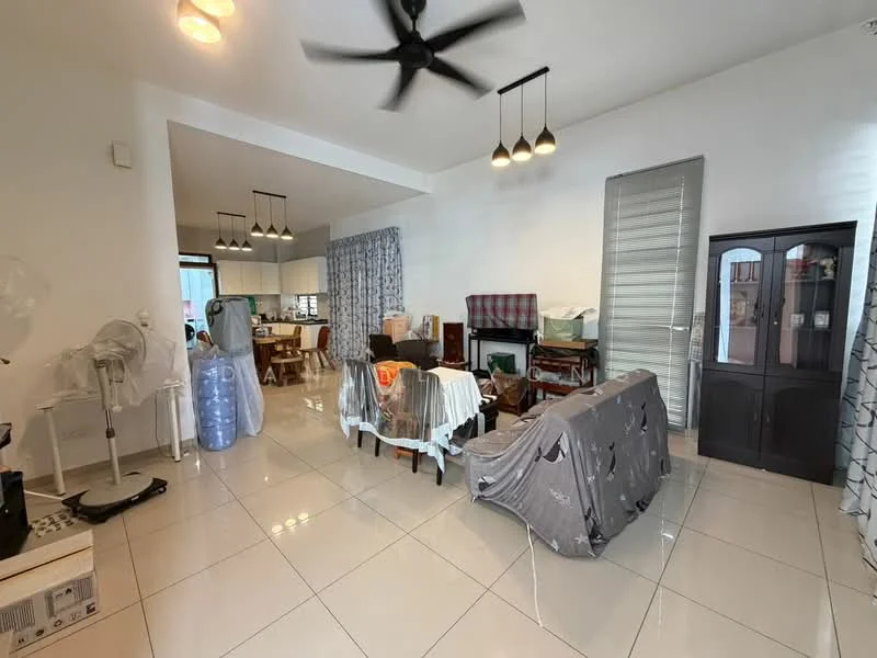 Living features: white painted walls, glossy tile flooring, 5-blade ceiling fan with light, recessed downlights, sofa covered with fabric, wooden dining table, wooden chairs, display cabinet, curtains, decorative items on furniture, open layout to kitchen, large windows with blinds; style: modern.