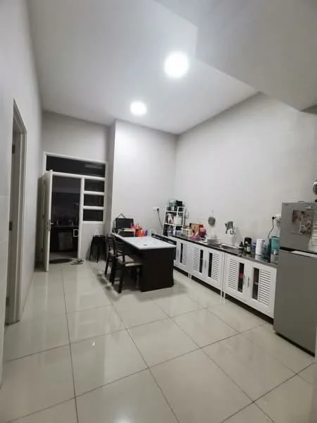 Kitchen features: white painted walls, glossy tile flooring, ceiling lights, kitchen island with dining table, white cabinetry with slatted doors, stainless-steel fridge, built-in oven, sink, countertop, open shelving, kitchen appliances, window with natural light; style: modern.