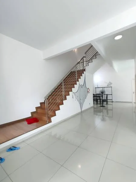 Room features: white painted walls, glossy ceramic tile flooring, wooden staircase, metal railing, recessed ceiling lights, open layout, dining table with chairs, decorative wall hanging, slippers on the floor; style: modern.