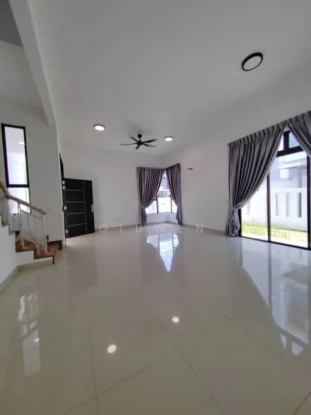 Living features: white painted walls, glossy tile flooring, 5-blade ceiling fan with light, large windows with sheer curtains, curtains in grey fabric, staircase with wooden steps, recessed downlights, corner windows, open layout, natural light from windows; style: modern; view: garden.