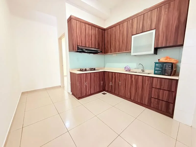 Kitchen features: brown wooden cabinetry, white countertop, single-bowl stainless-steel sink, chrome pull-down faucet, built-in gas stove with 2 burners, glass backsplash, tile flooring, recessed ceiling lights; style: modern.