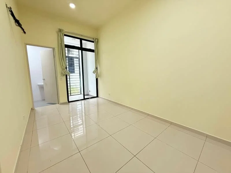 Room features: cream painted walls, white ceiling, large floor-to-ceiling windows, sliding glass door, tile flooring, natural light, curtains, doorway leading to bathroom; style: modern; view: garden.