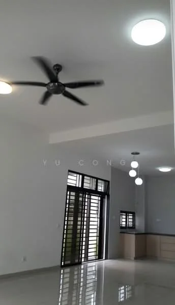 Living features: 5-blade ceiling fan, recessed LED downlights, white painted walls, glossy tile flooring, large windows with black frames, open layout to kitchen, pendant lighting, high ceiling; style: modern.