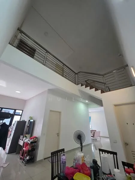 Room features: white painted walls, tile flooring, staircase with metal railing, ceiling lights, open space layout, fan, door, window, furniture visible in background; style: modern.