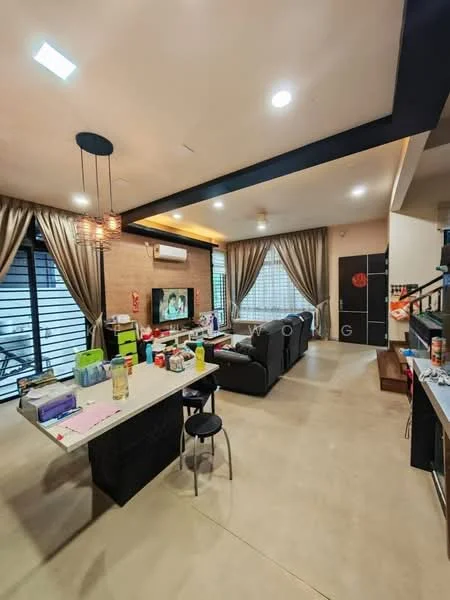 Living features: grey fabric sofa, black coffee table, wall-mounted TV, recessed downlights, ceiling fan, large windows with sheer curtains, decorative wall with wood paneling, open layout, tile flooring, decorative pendant light, air conditioning unit; style: modern; view: garden. Kitchen features: island counter, black cabinetry, stainless-steel appliances, kitchen utensils on counter, open shelving, sink, bar stools; style: modern.