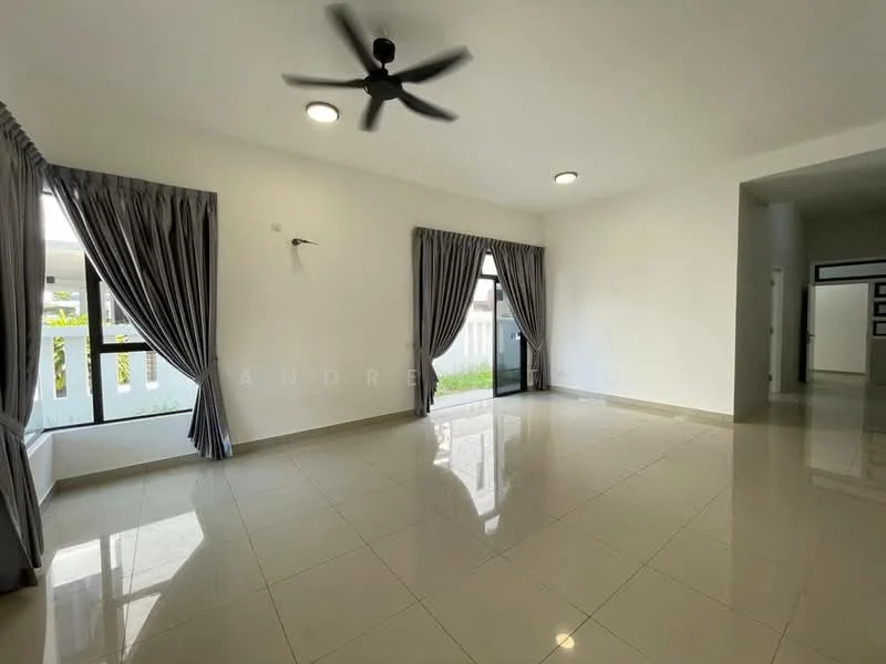 Living features: white painted walls, glossy ceramic tile flooring, 5-blade ceiling fan, floor-to-ceiling windows, sheer curtains, sliding glass door, natural light, neutral color scheme; style: modern; view: garden.