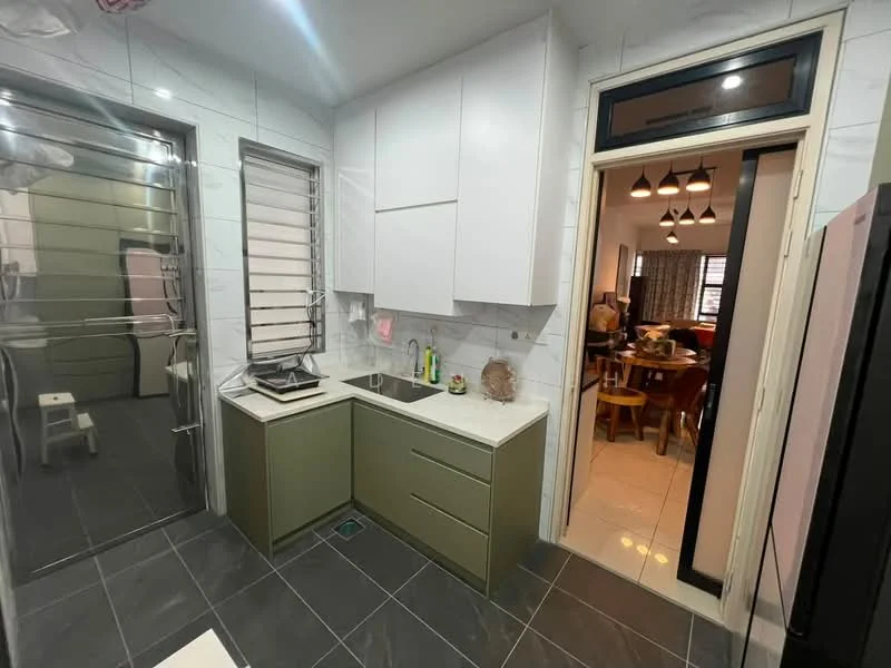 Kitchen features: green cabinetry, white upper cabinets, marble countertop, single-bowl stainless-steel sink, chrome pull-down faucet, built-in stove, tile backsplash, grey floor tiles, recessed downlights, window with blinds; style: modern. Room features: open doorway leading to living area, grey floor tiles.