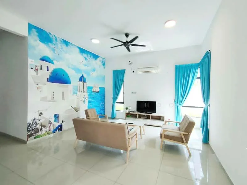 Living features: light grey tiled flooring, white painted walls, feature wall with mural of blue domes and sea, 5-blade ceiling fan with light, two beige armchairs, light wood coffee table, TV console with wall-mounted TV, blue curtains, air conditioning unit, floor-to-ceiling windows; style: modern; view: garden.