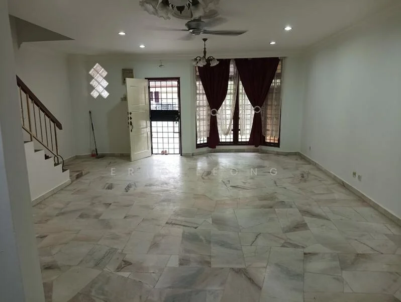 Living features: marble tile flooring, white painted walls, tray ceiling with ceiling fan, large windows with sheer curtains, double doors leading outside, chandelier, staircase with wooden railing, wall-mounted light fixtures; style: modern.