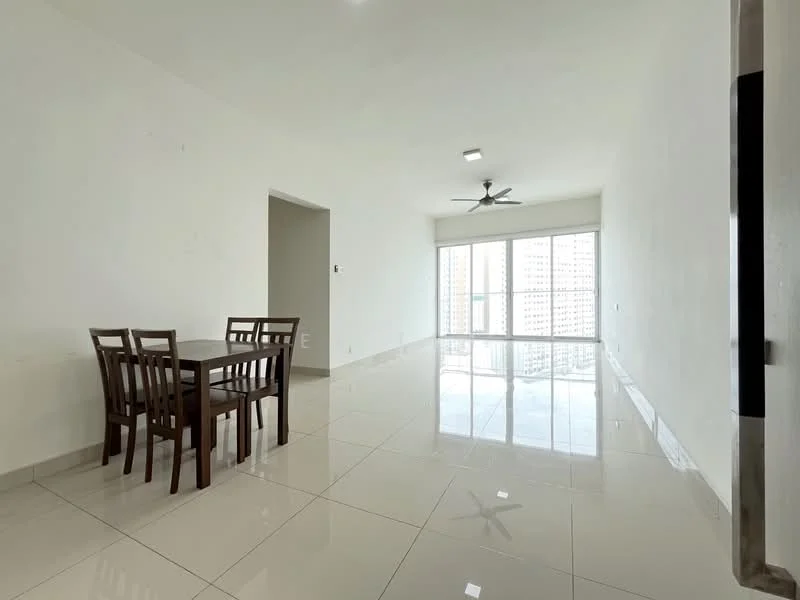 Dining features: dining table with four chairs, white painted walls, glossy ceramic tile flooring, ceiling fan with light, large floor-to-ceiling windows, natural light, open layout, neutral color scheme; style: modern; view: city. Room features: white painted walls, glossy ceramic tile flooring, ceiling light, open layout.