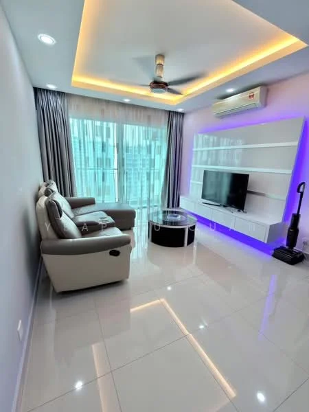 Living features: grey leather sofa, round coffee table, wall-mounted TV, white shelving unit with LED lighting, recessed ceiling lights, ceiling fan, large glass sliding door, curtains, glossy tile flooring, air conditioning unit; style: modern.