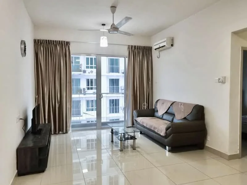 Living features: 3-seater fabric sofa in brown, glass coffee table, wall-mounted TV, floor-to-ceiling windows, sheer curtains, dropped ceiling, ceiling fan with light, air conditioning unit, cream painted walls, glossy tile flooring, decorative wall clock; style: modern; view: city.