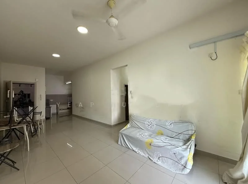Living features: white painted walls, glossy ceramic tile flooring, ceiling fan, sofa with throw cover, dining table with chairs, recessed downlights, open layout, natural light from window; style: modern.