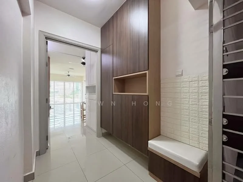 Room features: white painted walls, glossy tile flooring, built-in wooden cabinetry, open shelving, white tiled wall cladding, bench seating, doorway leading to another room, window with horizontal blinds, ceiling fan; style: modern.