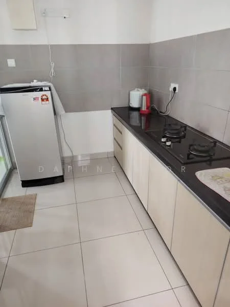 Kitchen features: stainless-steel fridge, black granite countertop, light wood cabinetry, 2-burner gas hob, white kettle, red toaster, white tiled backsplash, white ceramic floor tiles, wall-mounted electrical outlet, window with glass door; style: modern.