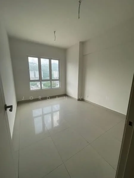 Room features: white painted walls, glossy ceramic tile flooring, large windows, natural light, no visible furniture, plain ceiling, two ceiling light fixtures, view of surrounding area; style: minimalist; view: city.