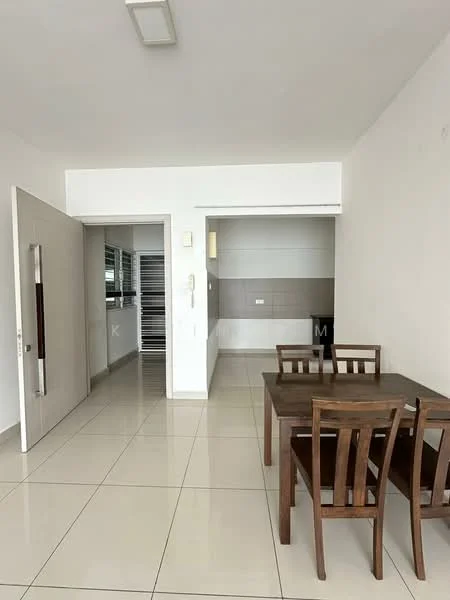 Dining features: square wooden dining table, 4 wooden dining chairs, white painted walls, cream tiled flooring, wall-mounted air conditioning unit, recessed ceiling lights, open layout to adjacent room, large window with natural light; style: modern. Room features: white painted walls, cream tiled flooring, open layout, visible partition to adjacent space.