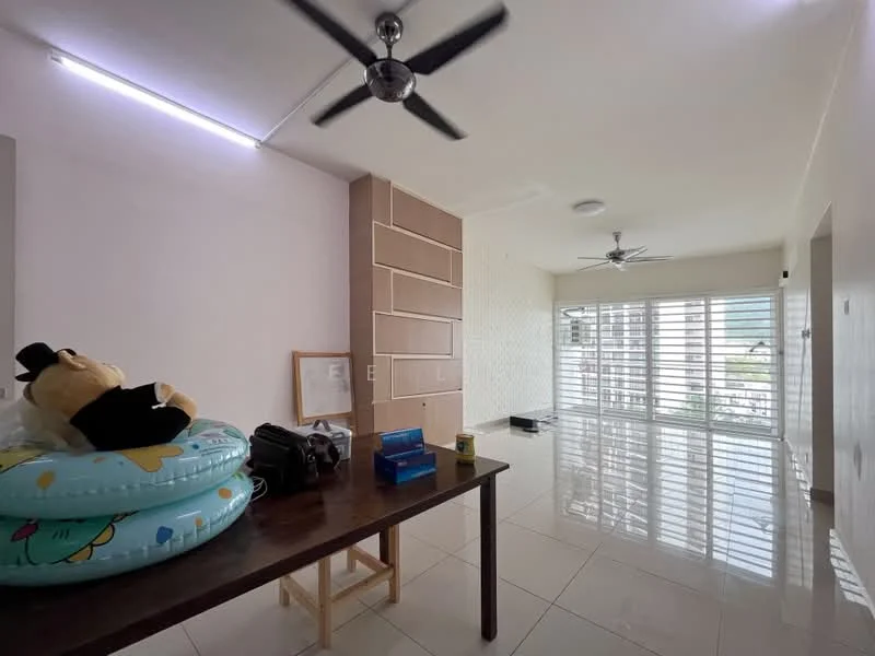 Room features: white painted walls, glossy tile flooring, 5-blade ceiling fan, recessed LED downlights, large sliding glass door, window with horizontal blinds, wooden table, stuffed toy on table, blue inflatable pool, black bag on table; style: modern; view: garden.