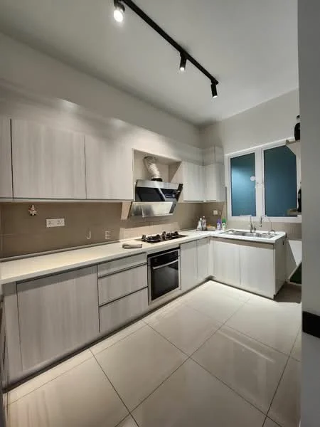 Kitchen features: light wood cabinetry, white countertops, stainless-steel built-in oven, stainless-steel gas hob, stainless-steel range hood, double-bowl stainless-steel sink, chrome pull-down faucet, ceramic tile flooring, recessed LED downlights, window with blue glass, kitchen utensils on countertop, wall-mounted storage; style: modern.