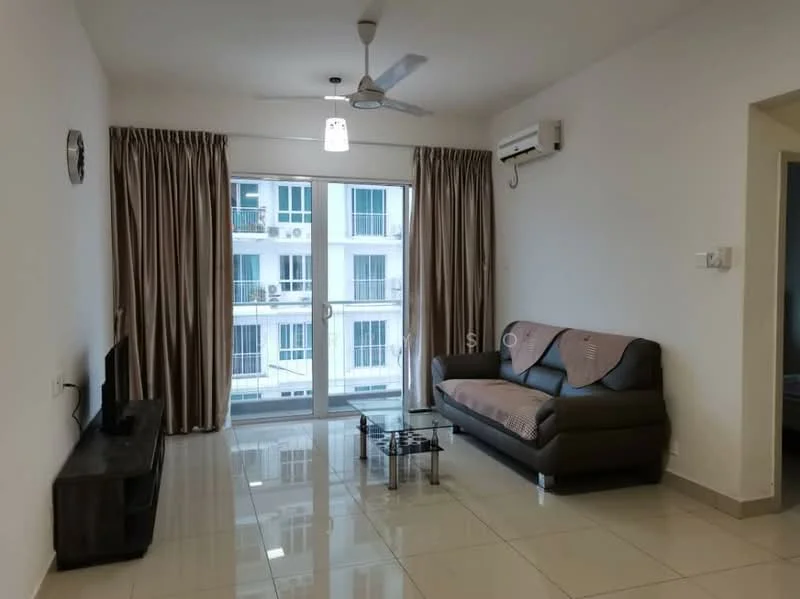 Living features: 3-seater leather sofa, glass coffee table, wall-mounted TV, floor-to-ceiling windows, sheer curtains, cream painted walls, polished ceramic tile flooring, ceiling fan with light, air conditioning unit; style: modern.