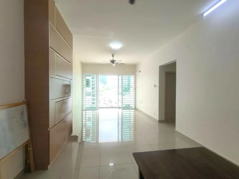 Living features: white painted walls, glossy tile flooring, 5-blade ceiling fan with light, floor-to-ceiling windows, sliding glass door, natural light, built-in cabinetry, neutral color palette; style: modern; view: city.