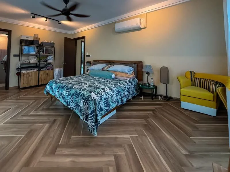 Bedroom features: king-size bed with tropical print bedding, upholstered headboard, wooden bedside table, floor-to-ceiling window, yellow accent chair, wooden shelving unit, air conditioning unit on wall, laminate flooring in herringbone pattern, recessed downlights, ceiling fan; style: modern.