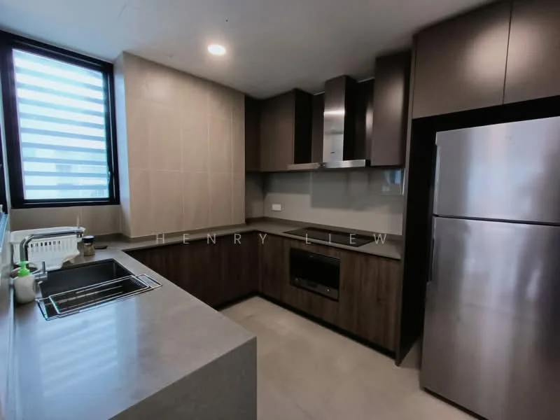 Kitchen features: single-bowl stainless-steel sink, chrome pull-down faucet, grey quartz countertop, dark wood cabinetry, built-in oven, stainless-steel fridge, ceramic tile flooring, recessed downlights, sliding window with blinds, wall-mounted range hood; style: modern.