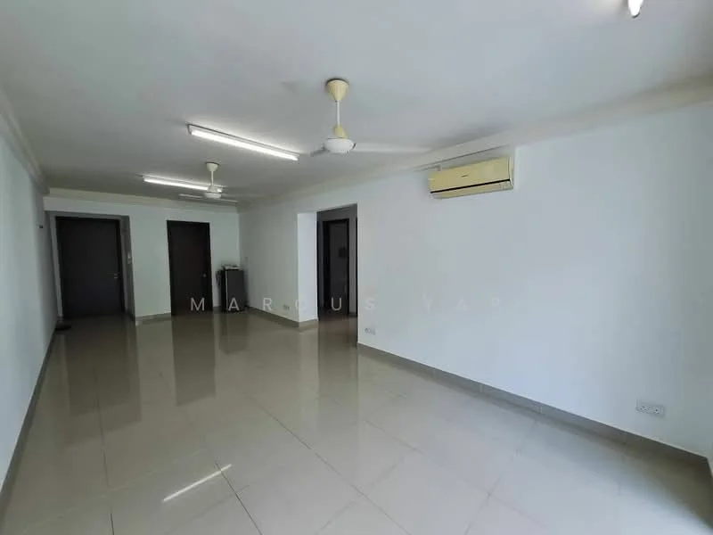 Living features: white painted walls, polished ceramic tile flooring, ceiling fan, wall-mounted split AC, two wooden doors, one window, neutral color scheme, recessed lighting; style: modern.