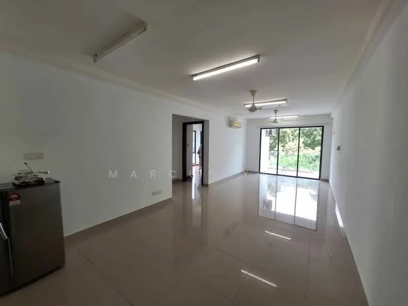 Living features: white painted walls, glossy beige tile flooring, recessed downlights, 2-blade ceiling fan, sliding glass door, floor-to-ceiling windows, air conditioning unit, open layout; style: modern; view: garden.