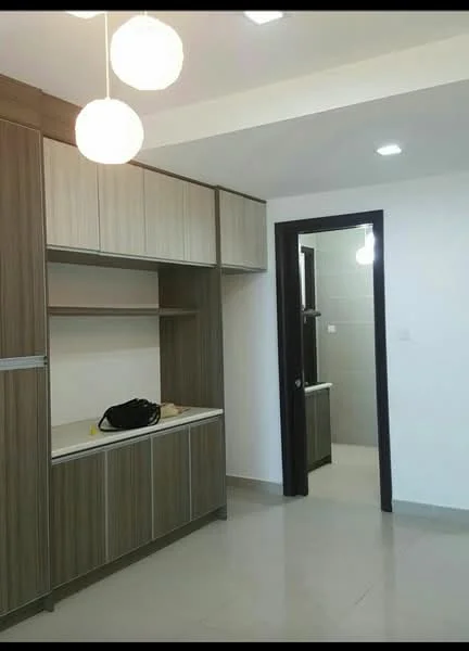 Room features: light grey tiled flooring, white painted walls, wooden cabinetry with horizontal grain, open shelving, countertop, black bag on countertop, door leading to bathroom, two pendant lights, recessed ceiling lights; style: modern.